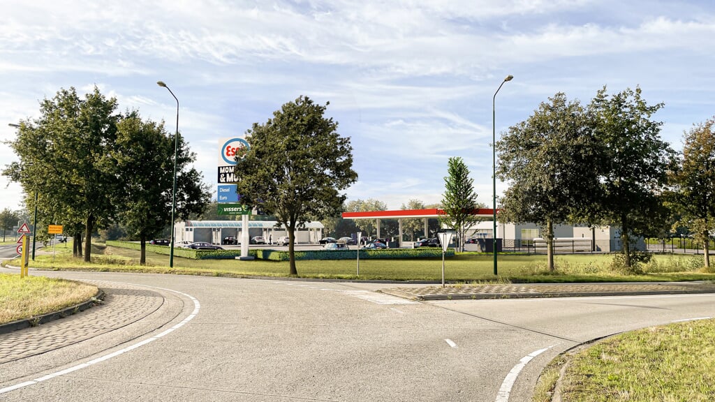 Een visualisatie van hoe het tankstation er bij de rotonde uit kan komen te zien.