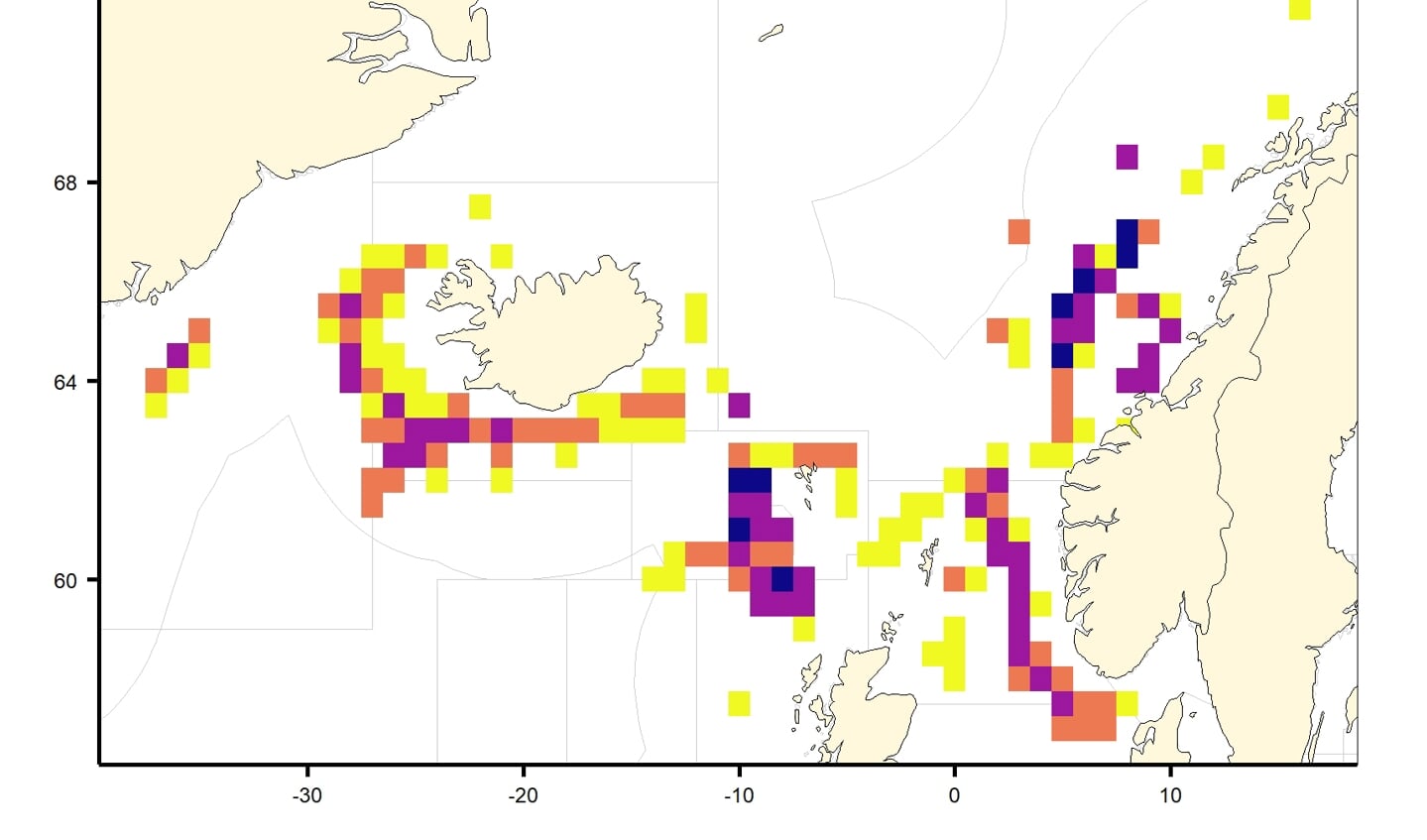 H Verspreidingsgebied en vangsten van zilversmelt in de periode 2011-2018 in de Noordoost Atlantische oceaan, ICES WGDEEP.