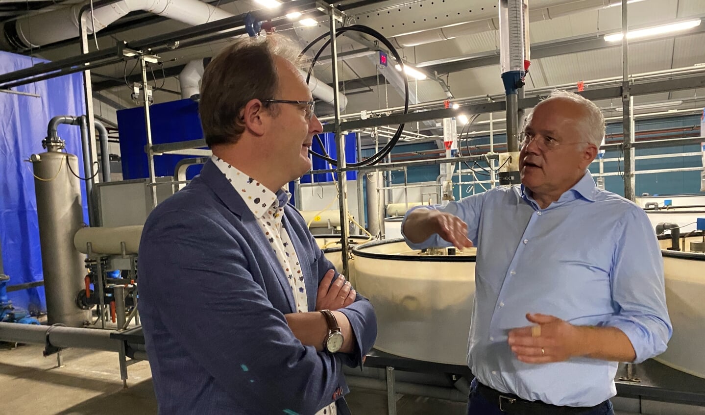 H Europarlementariër Bert-Jan Ruissen (SGP) in gesprek met William Swinkels, CEO en mede-eigenaar van de Niijvis Groep. De Nijvis Groep is uitgegroeid tot een groep van kwekerijen (tot met een kwekerij in Marokko), rokerijen en vishandel; alles met de focus op paling. Swinkels is blij met de bestaande EU-verordening voor paling. ,,Mede hierdoor is er meer paling en tegelijk meer visserij, een win-win dus.’’ (Foto: Kees Bos)