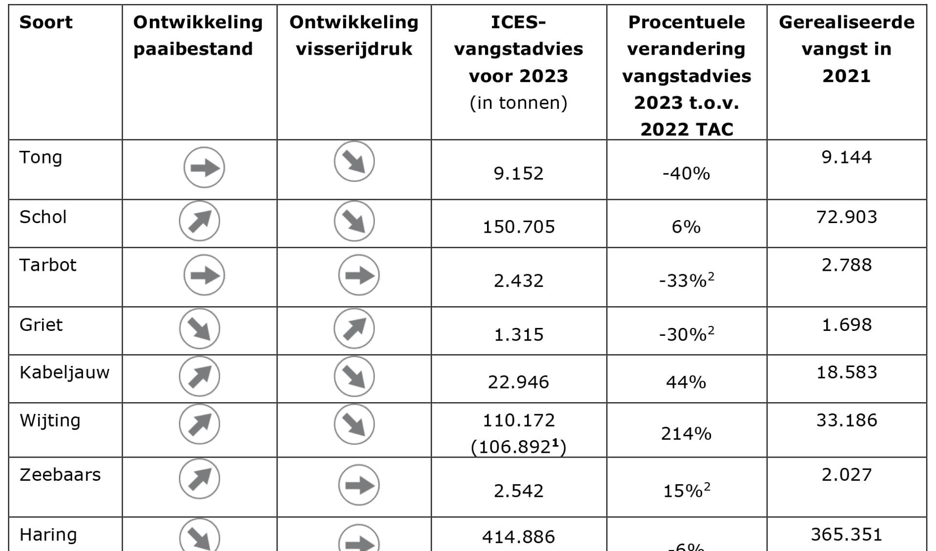 H Tabel: Ontwikkelingen paaibestanden en visserijdruk, en ICES-advies voor 2023 (in tonnen) voor vissoorten die belangrijk zijn voor de Nederlandse visserij.  Bij de wijting en haring staat het advies voor menselijke consumptie in de Noordzee tussen haakjes. De procentuele veranderingen bij tarbot, griet en zeebaars is ten opzichte van het advies voor 2022.Tarbot en griet is een gecombineerde TAC. Voor zeebaars is geen TAC afgesproken.