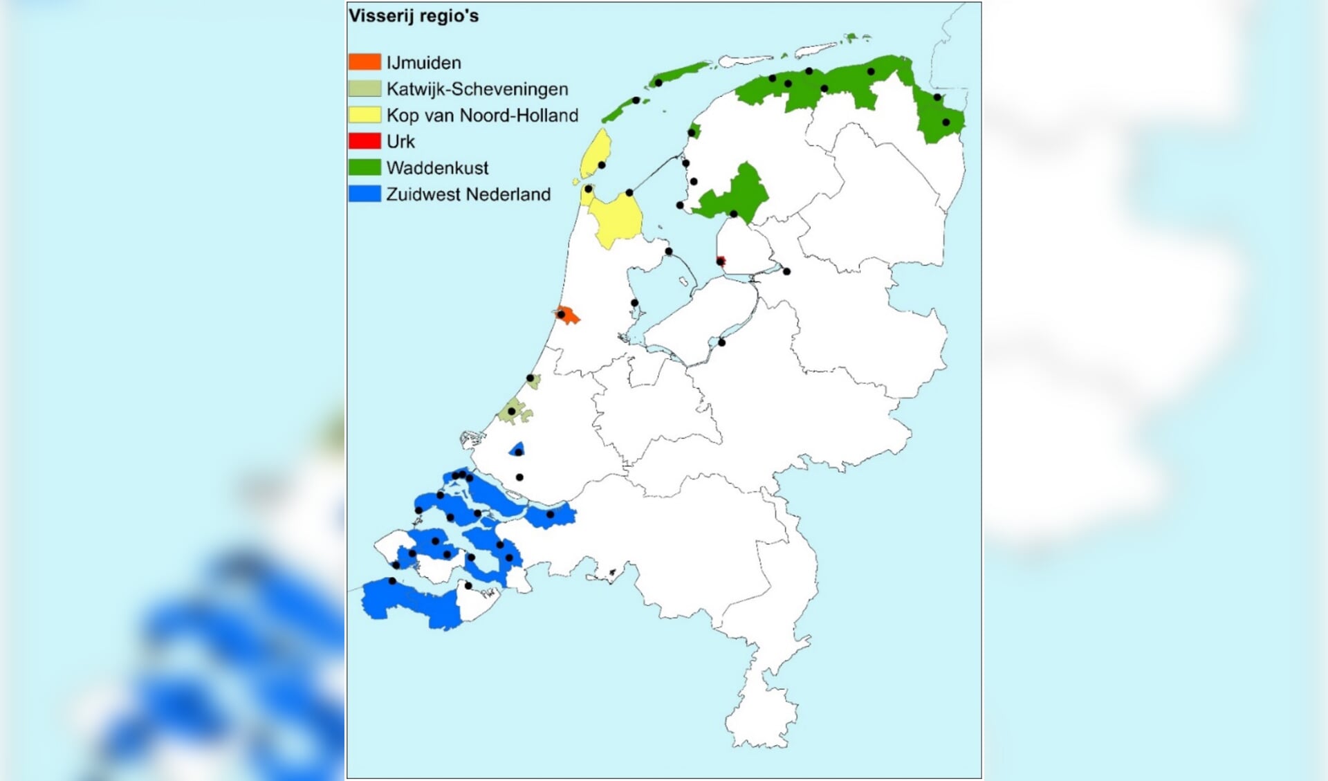 H Figuur 2. De zes visserijregio’s op de kaart van Nederland. De zwarte stippen zijn vissersdorpen.