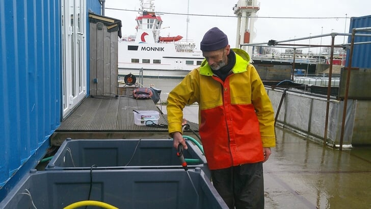 H Oesterraper en coördinator Jaap Vegter bij de Waddenloods op de haven van Lauwersoog bezig met het schoonspuiten van lege oesterbakken.