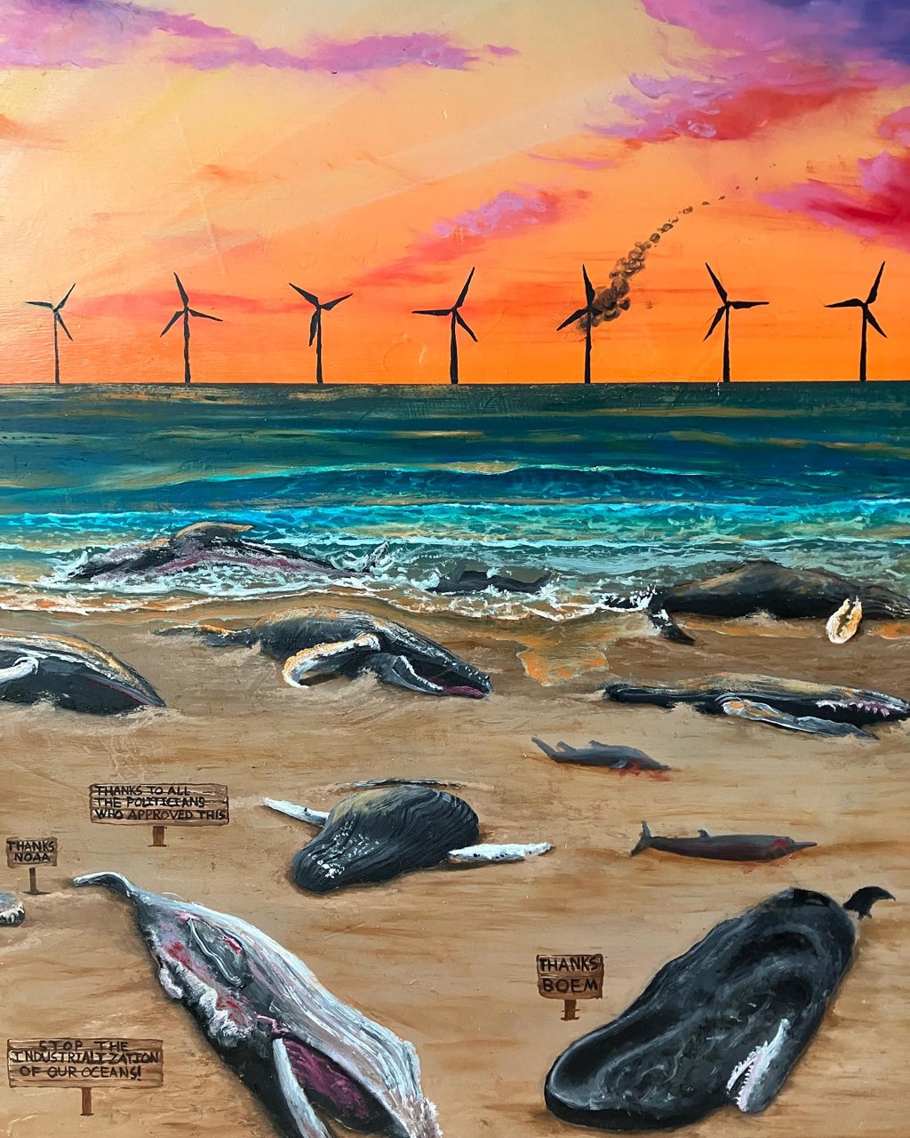 H Steeds duidelijker wordt dat de grootschalige uitrol van windparken op zee niet zonder gevolgen blijft voor het mariene milieu. Het schilderij is van de Amerikaanse kunstenaar en sportvisser David Riina. Op zijn Facebookpagina schrijft hij over dode walvissen en dolfijnen, en roept op een einde te maken aan windparken op zee. Voordat het te laat is! ‘Reposting my whale piece because we have had 7 dead whales and dolphins in the last 7 days… End offshore wind now, before it’s too late.’