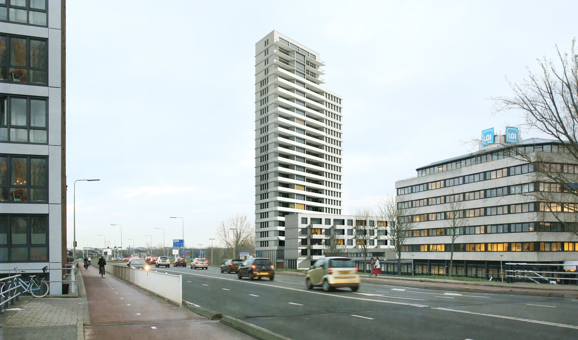 Een artist impressie van de torenflat die moet verrijzen op de hoek van de Engelendaal en de Oude Spoorbaan.
