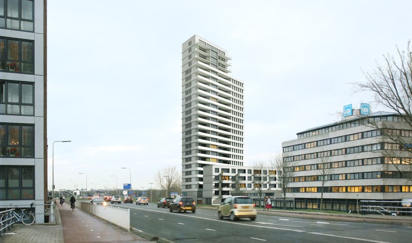 Een artist impressie van de torenflat die moet verrijzen op de hoek van de Engelendaal en de Oude Spoorbaan.  