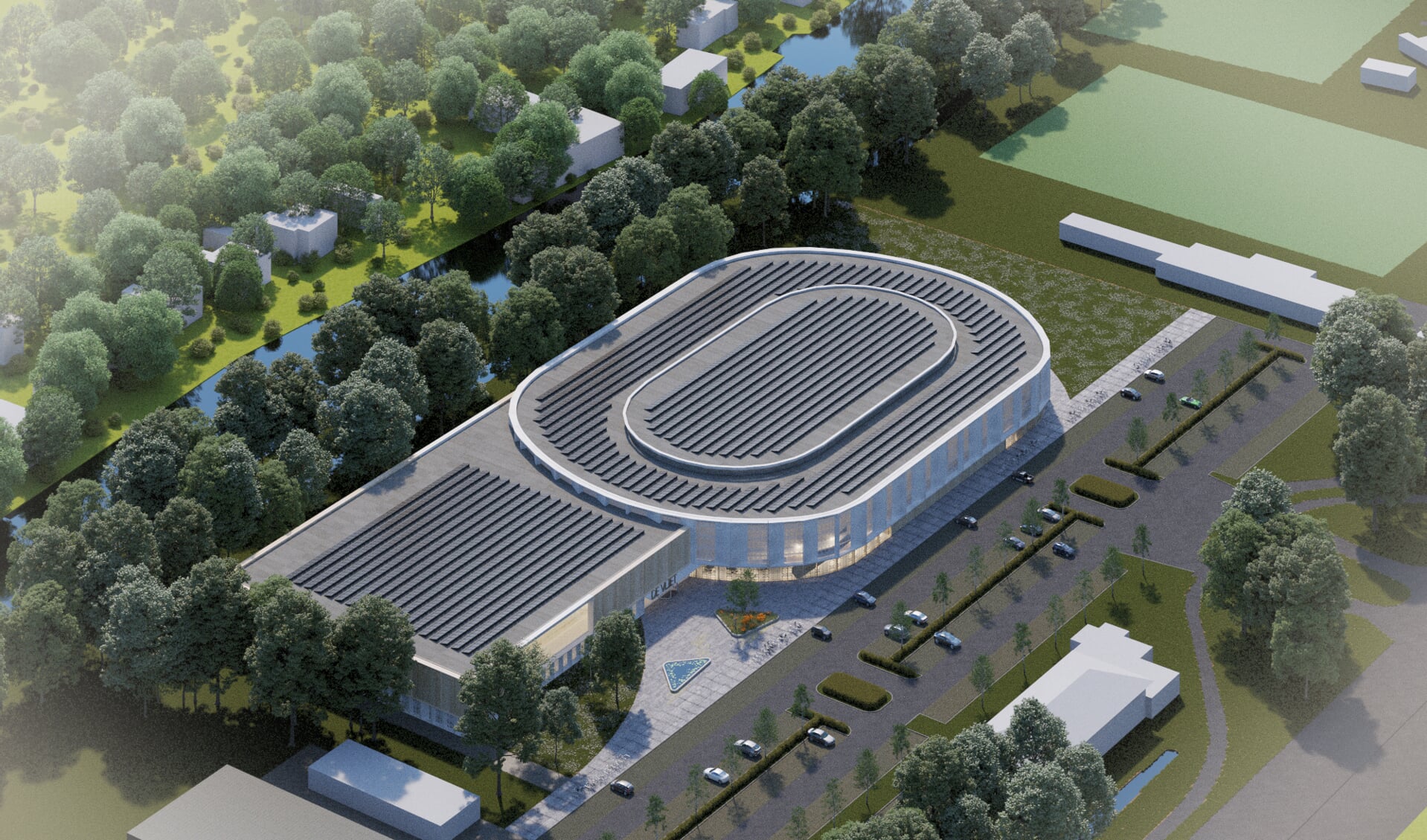 Een artist impression van het nieuwe complex met zwembad en ijshal aan de Vliet.  