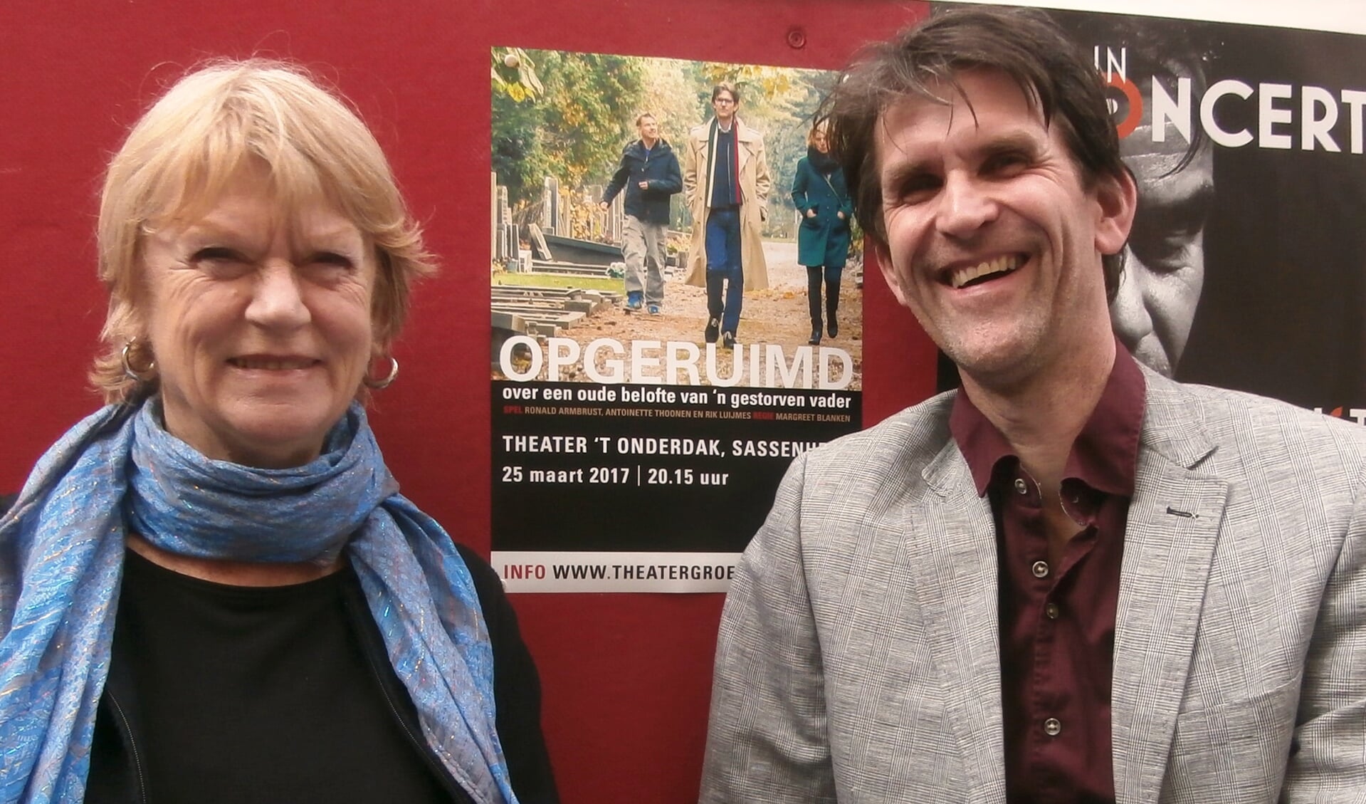 Margreet Blanken en Rik Luijmes kwamen langs in theater ’t Onderdak, waar ze op 25 maart het stuk Opgeruimd spelen. ‘Je voelt je welkom in dit theater.’ | Foto: pr.