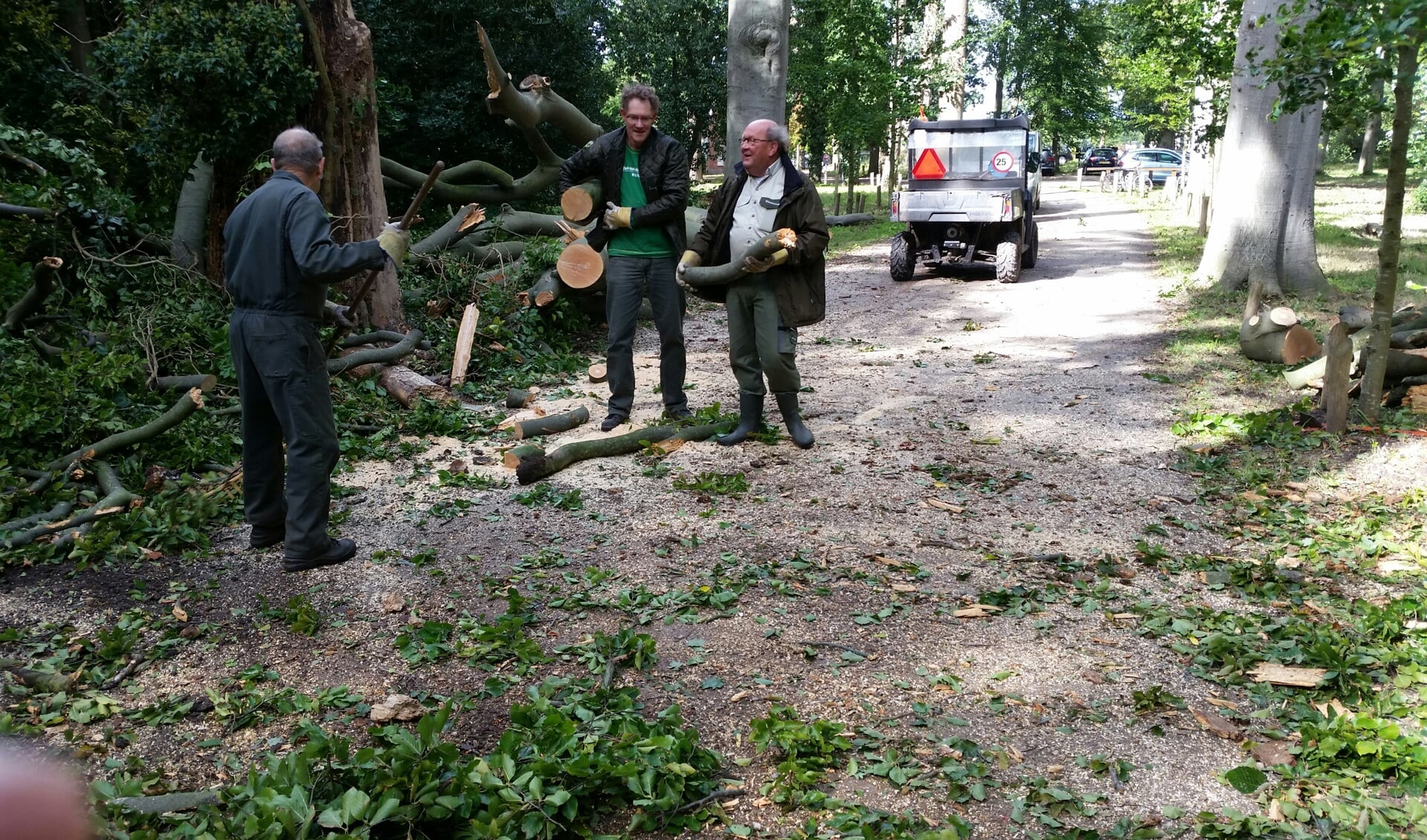 Vrijwilligers van het Zuid Hollands Landschap ruimen de omgevallen bomen op de oprijlaan van Huys te Warmont op. | Foto: pr.