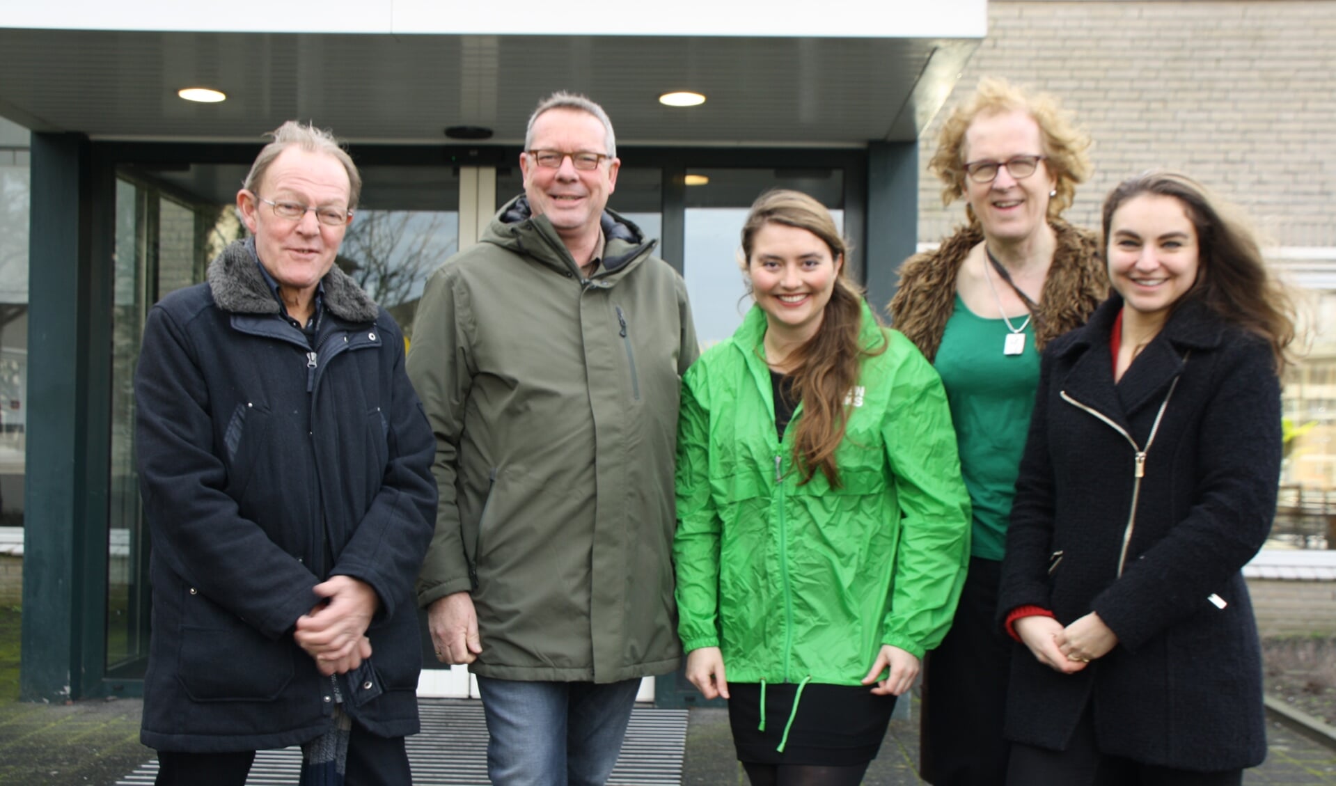 De top vijf van Groen Links, met v.l.n.r.: Helmar van der Ploeg, Don Verhoeff, Lena Budko, Anja Schrage en Lisa Weijts-Gonzales. | Foto: pr.