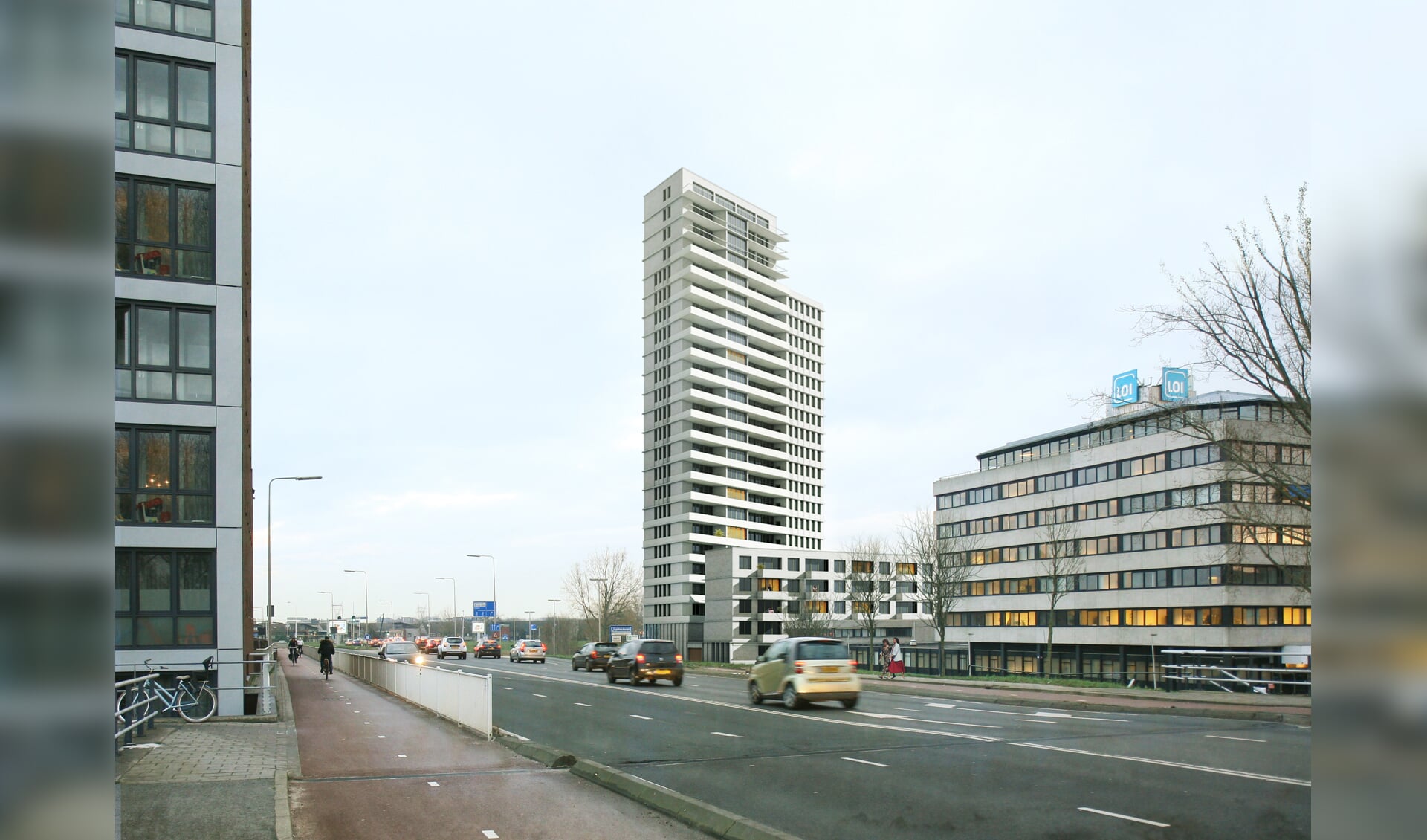 Een artist impression van de torenflat op de ROC locatie, gezien vanaf de Oude Spoorbaan. 