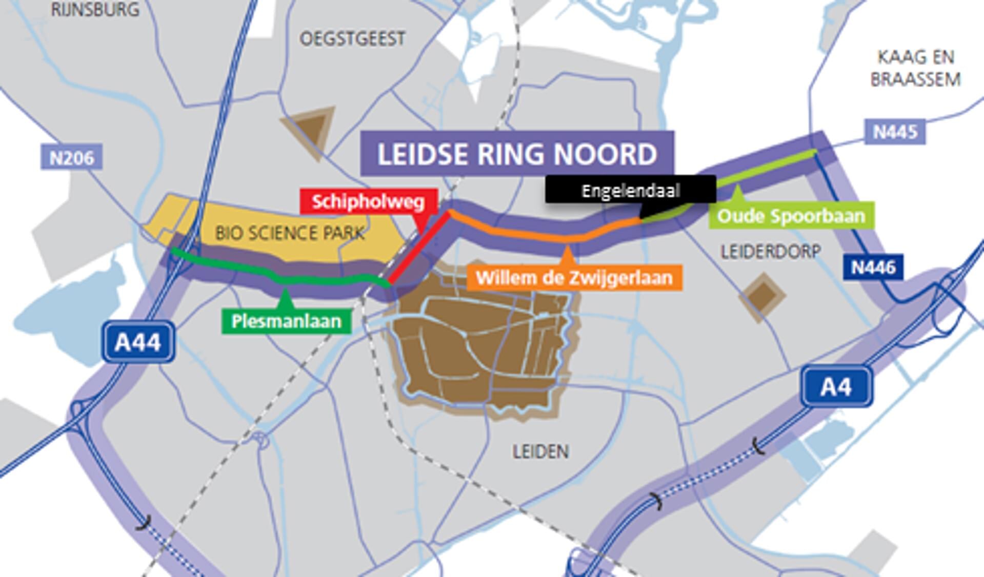 De ringweg rond Leiden en Leiderdorp met bovenaan het deel dat de Leidse Ring Noord vormt.