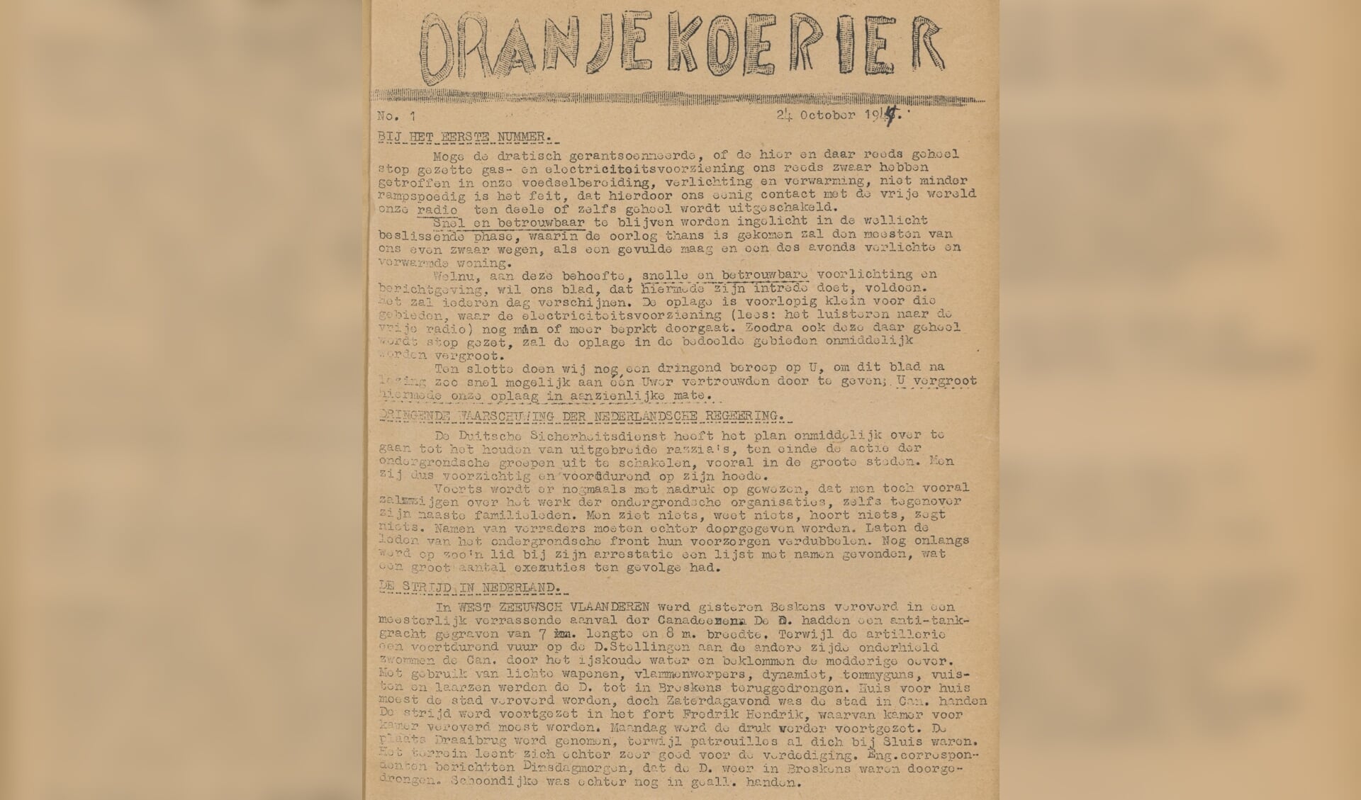 De eerste pagina van de eerste Oranjekoerier van 24 oktober 1944. | Foto: Delpher.nl