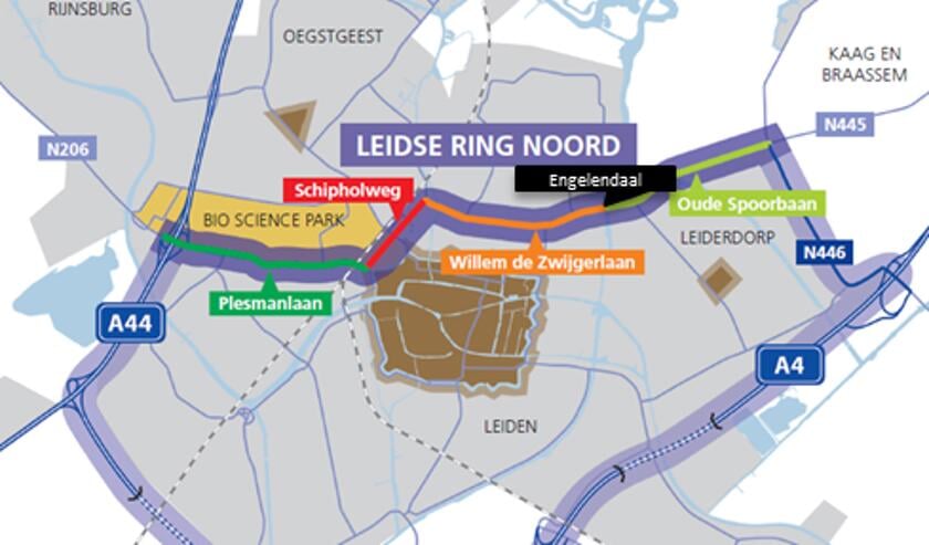 De ringweg rond Leiden en Leiderdorp met bovenaan het deel dat de Leidse Ring Noord vormt.