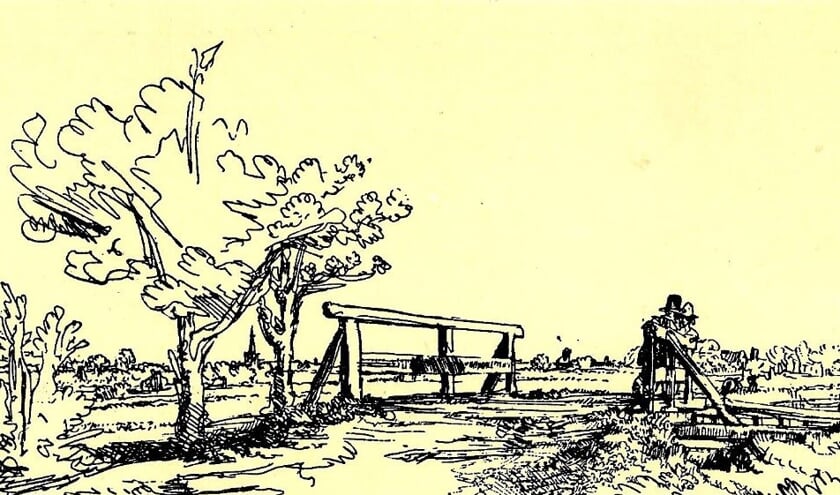 Het bruggetje van Six, getekend door Rembrandt in 1645. De foto komt uit het eerste Nieuwsblad van Oud Lisse uit 2002.