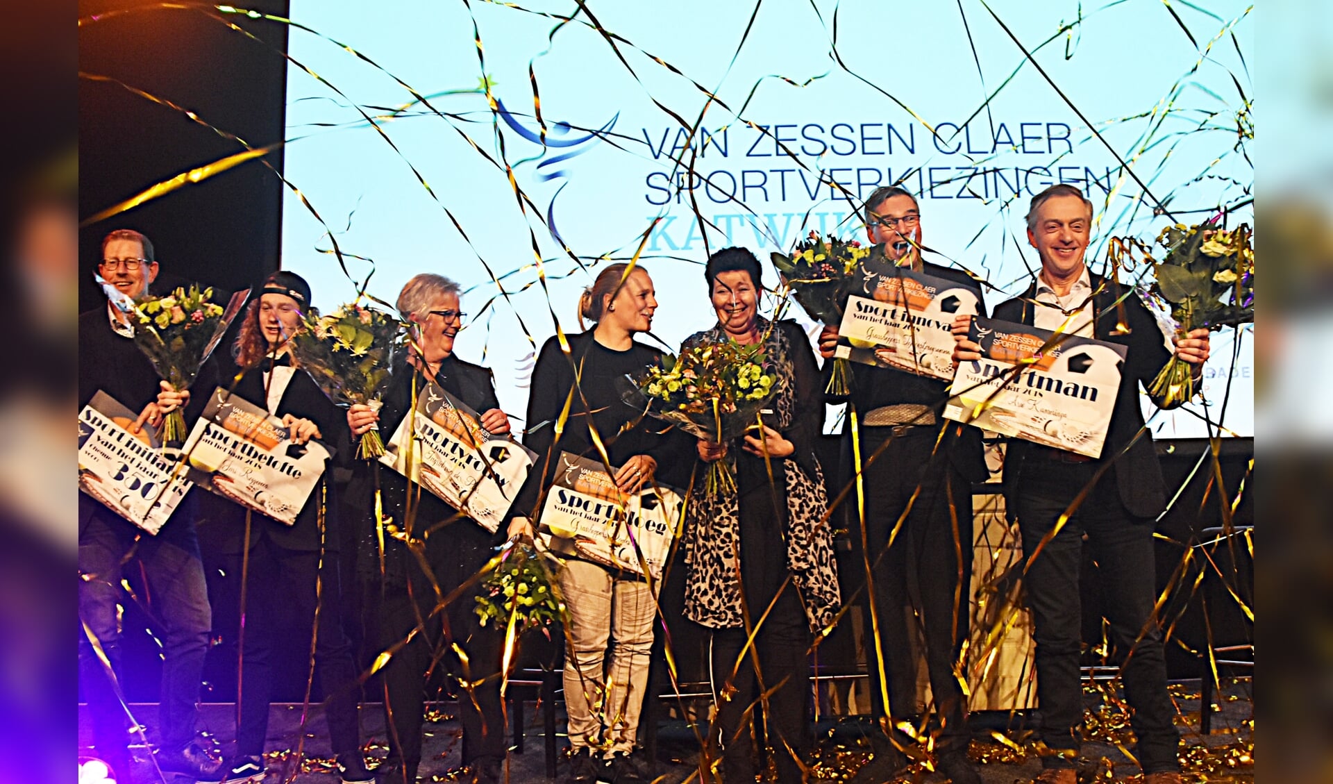 de winnaars van de Sportverkiezingen 2018 bij elkaar op het podium. | Foto: Piet van Kampen