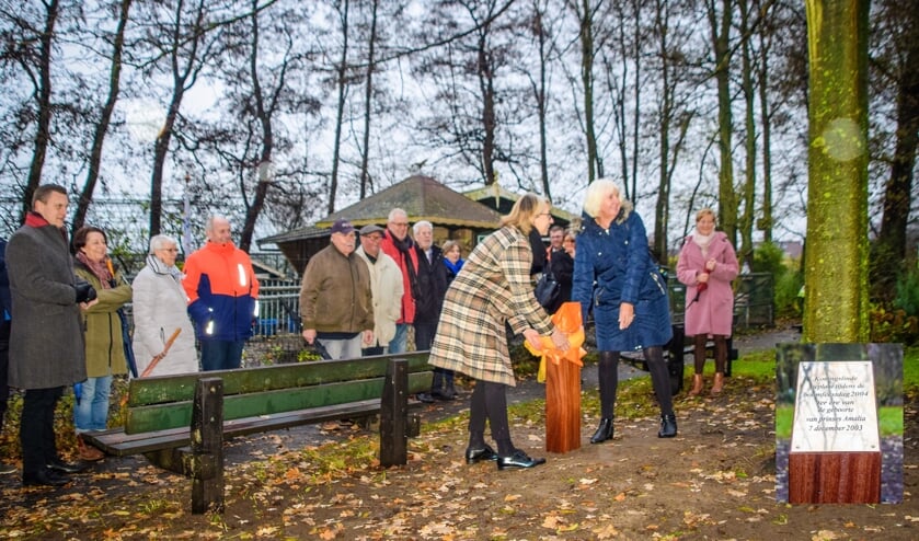 Pien van der Niet en Joke Slings onthullen de plaquette. Op het inzetje de tekst van die plaquette. | Foto: MR