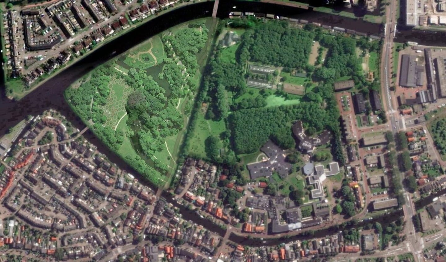 Zo ziet stichting 'Vrienden van het RijnPark' de toekomst van de Kwakkelwei (het groene eiland links) het liefst: een onbebouwd stadspark.