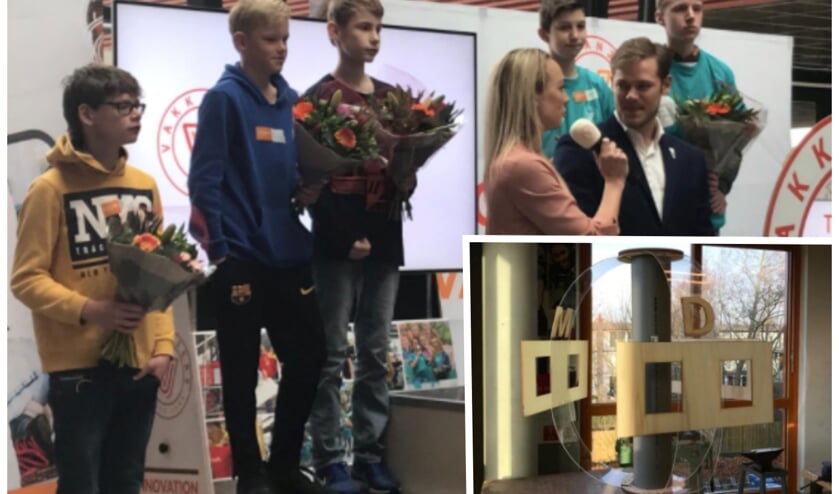Links het Fioretti-team, bestaande uit Tim, Danny en Dennis, dat de tweede plek behaalde. Rechtsonder de klok.