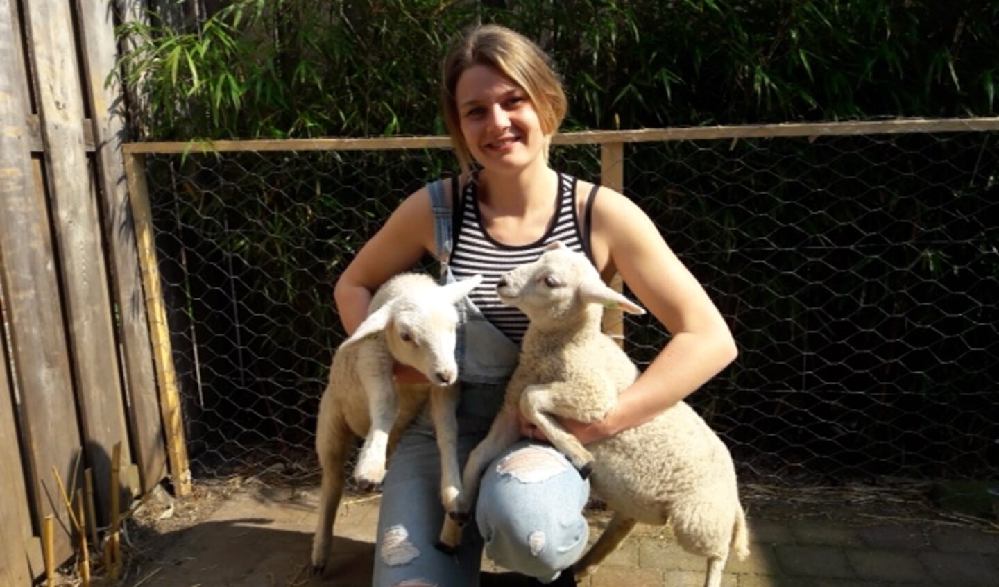 Femke Verdoes met de twee lammetjes die zij schenkt aan de kinderboerderij | foto: pr./Saskia van der Sommen.