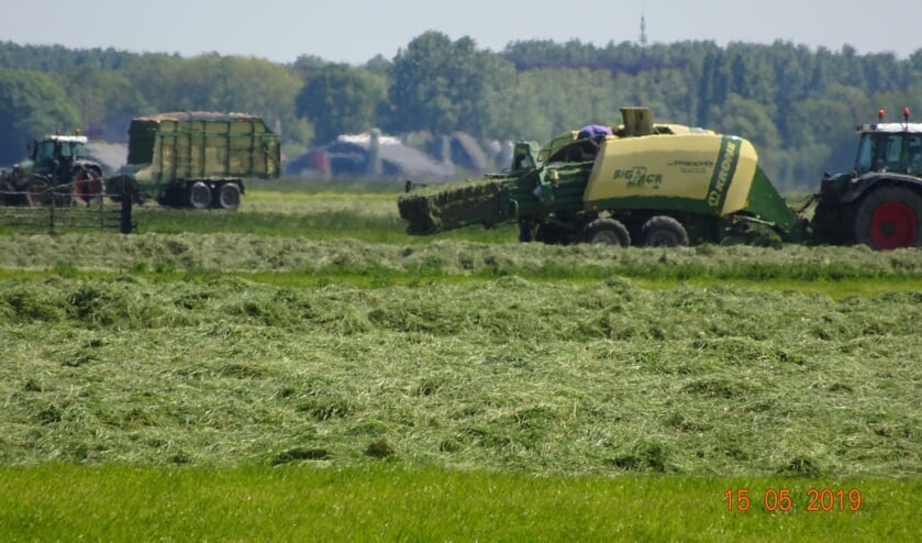 De maaimachines hebben hun werk gedaan in de Achthovenerpolder. Tractoren zuigen het gemaaide gras naar binnen en persen het tot blokken.