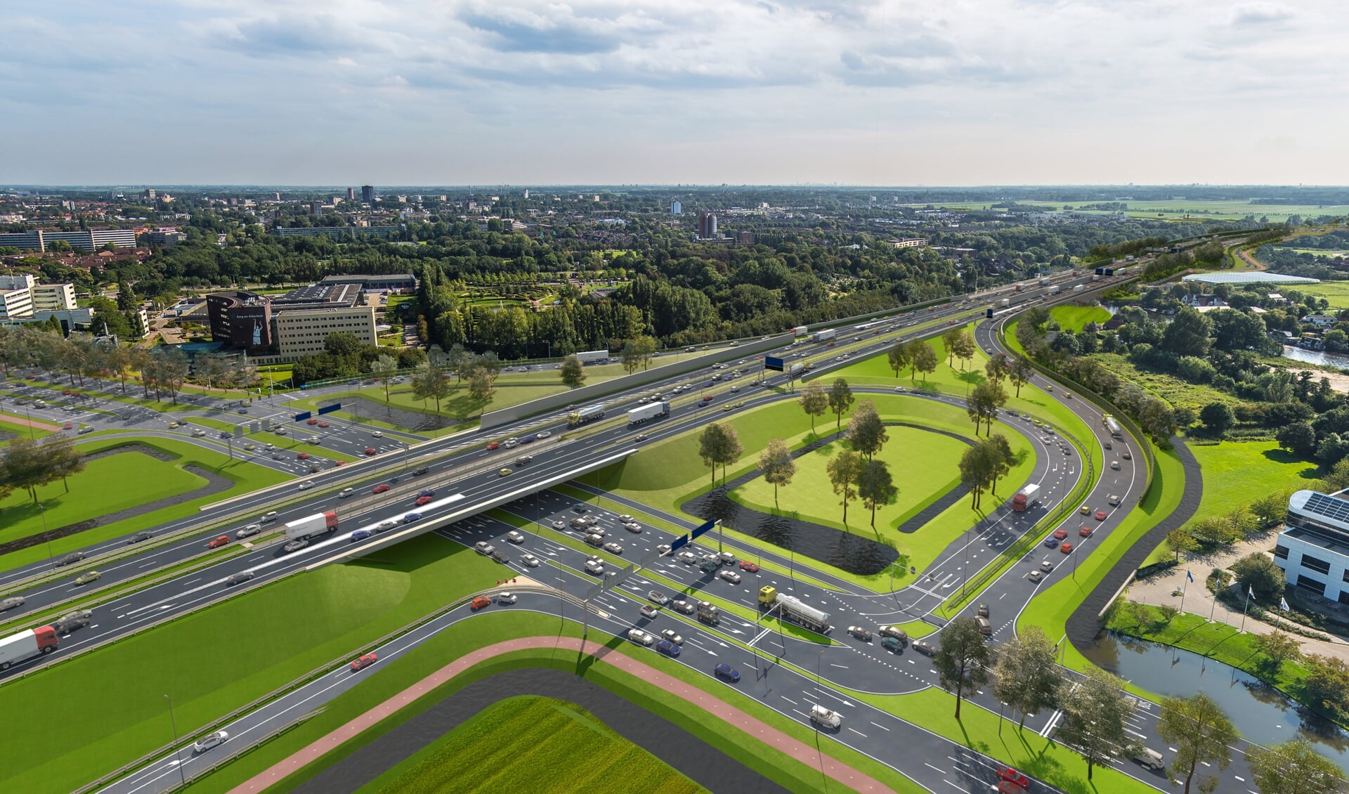 Een impressie van de tijdelijke oplossing bij Leiden-West om het verkeer tijdens de werkzaamheden voor de Rijnlandroute door te laten stromen. | Foto: pr
