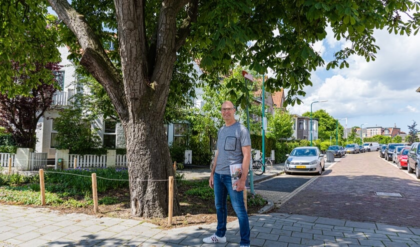 Ruurd Kok bij de kastanjeboom aan het begin van de Deutzstraat, met links op de achtergrond het huis van de familie Wolkers.