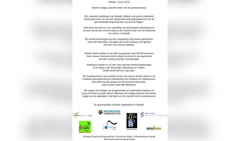 Met dit pamflet roepen culturele organisaties in Katwijk op tot behoud van de muziekschool.