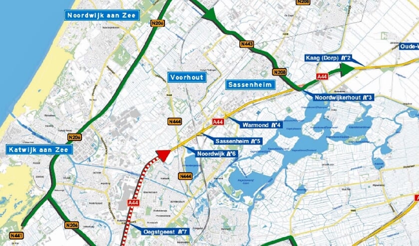Op de A44 zijn tussen Leiden en Noordwijk dit weekend werkzaamheden. De weg is daarom afgesloten. | Kaart: Rijkswaterstaat