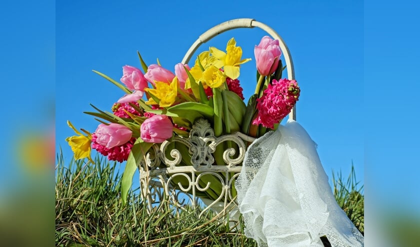 Een vrolijk arrangement in de buitenlucht. Bij de Lenteflora geniet je ook van alle vrolijke kleuren, maar dan nog even binnen.