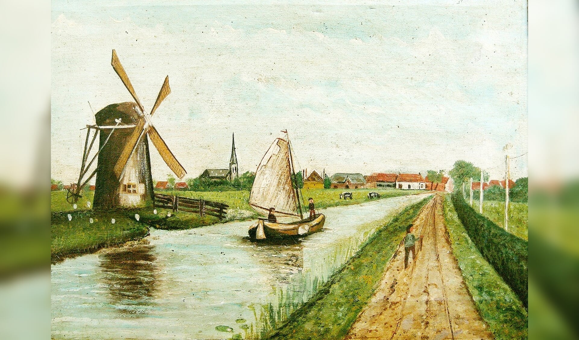 Het olieverfschilderij 'Gezicht op Voorhout vanaf de trekvaart nabij de Boekhorstmolen' van C.C. Plug. | Afbeelding: archief HKV