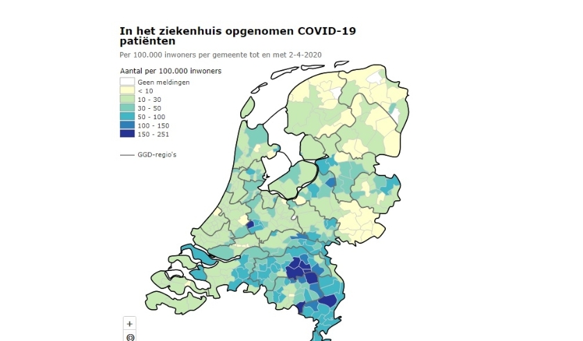 De coronakaart met het totaal aantal ziekenhuisopnames per gemeente, op 2 april 2020.