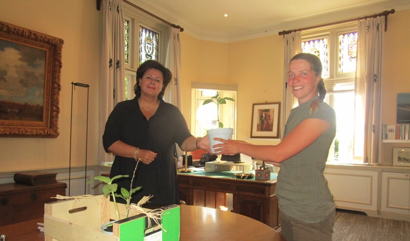 Tessa Yanover overhandigde de burgemeester zonnebloemzaailingen. | Foto: Ina Verblaauw