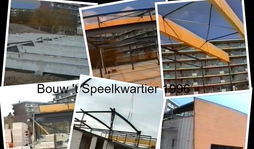 Fotocollage die de bouw van Da Capo's repetitieruimte 't Speelkwartier aan de Hannie Schaftlaan weergeeft.