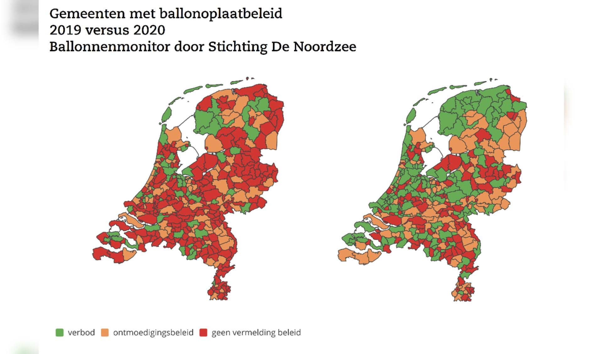 Gemeenten met ballonoplaatbeleid, 2019 (links) versus 2020.
