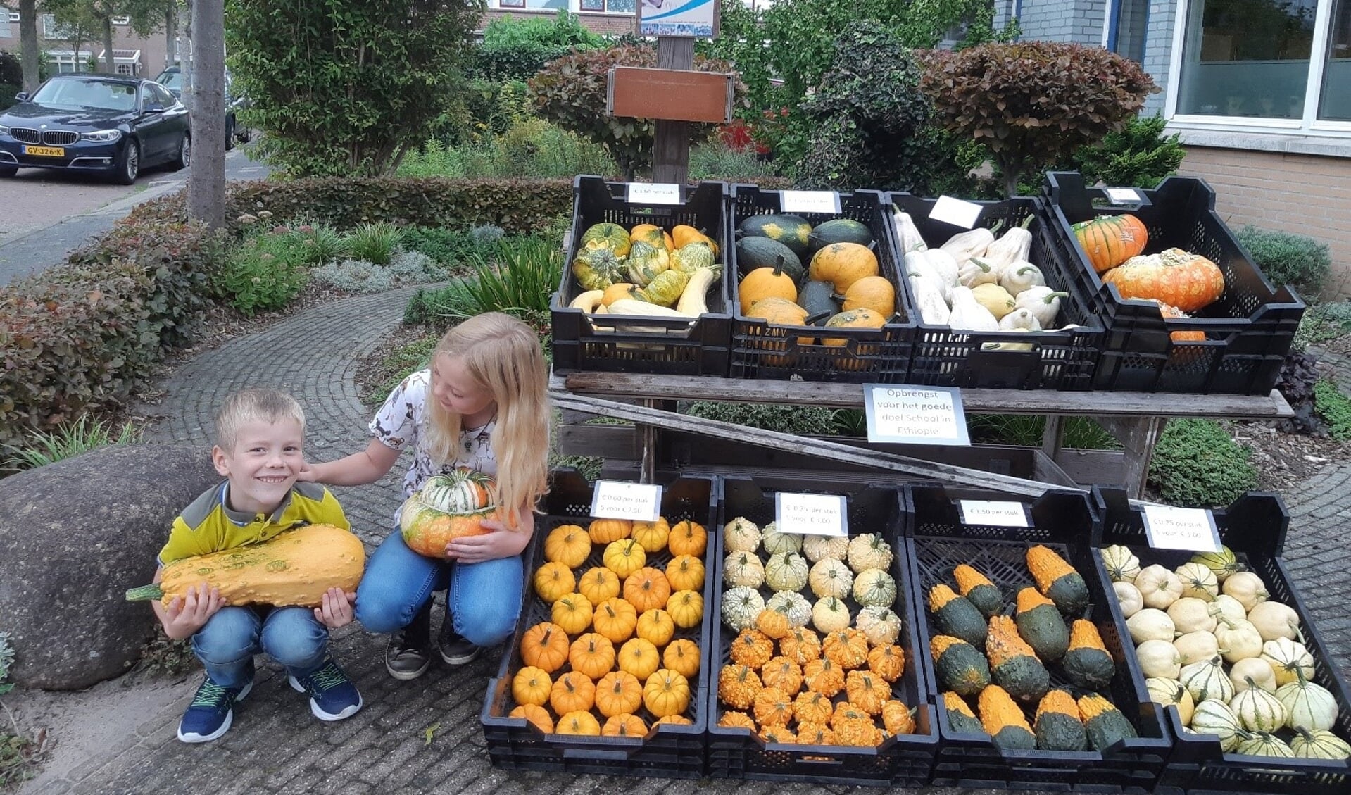 Kleinkinderen Arthur en Olivia bij de kalebassenkraam aan de Boekhorstlaan 42 in Voorhout. | Foto: pr.