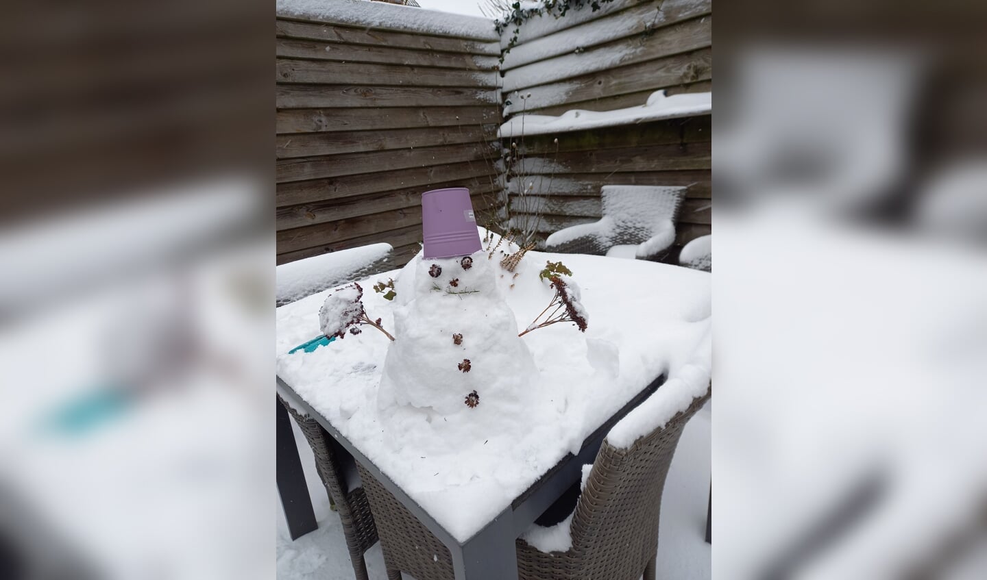 Meriam Beljon ging in de achtertuin aan de slag. "Wat een heerlijke winterperiode maken we mee in coronatijd. Op mijn 62e word ik daar nog steeds blij van en heb ik uit gekkigheid een kleine sneeuwpop op onze tuintafel gemaakt."
