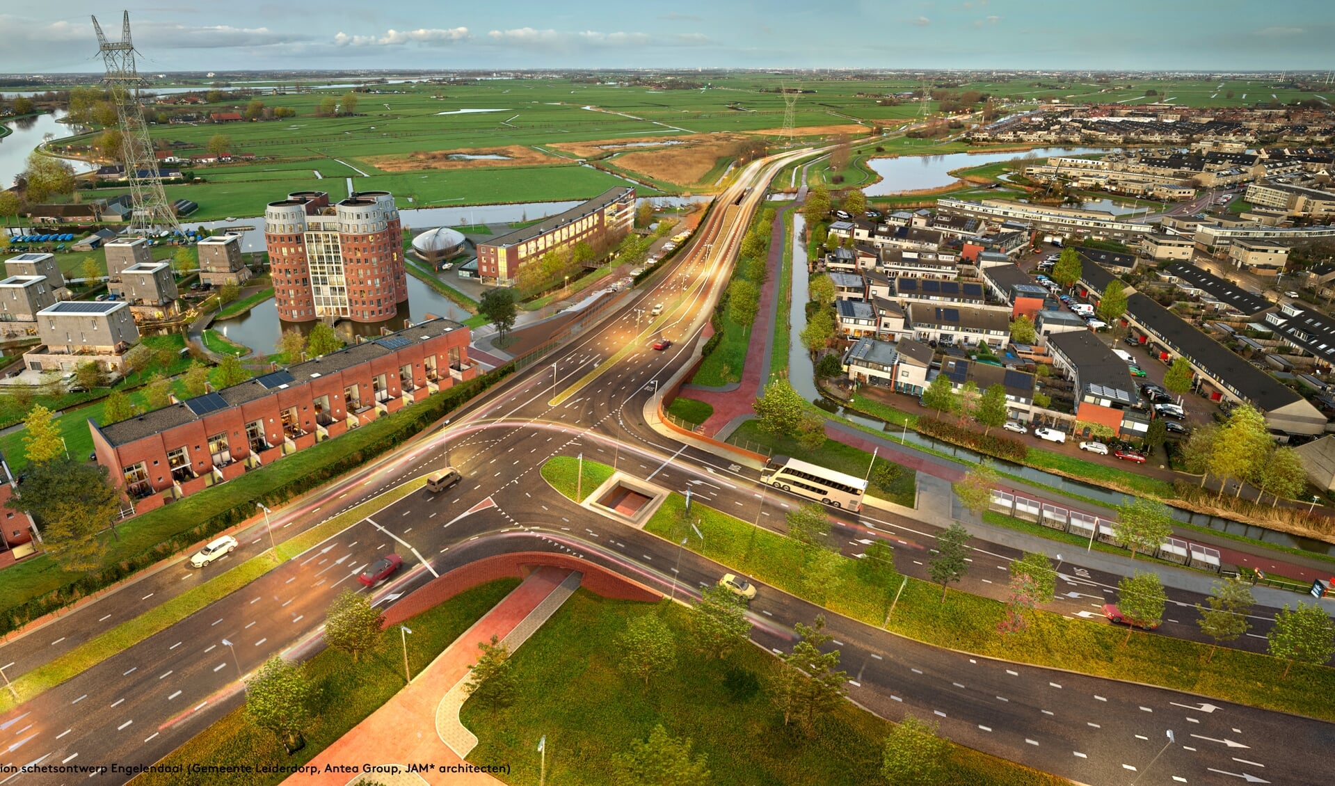 Vogelvlucht fotomontage van het nieuwe kruispunt Engelendaal-Oude Spoorbaan. ( Artist impression Gemeente Leiderdorp, Antea Group, JAM* architecten, foto: Kees Hummel)