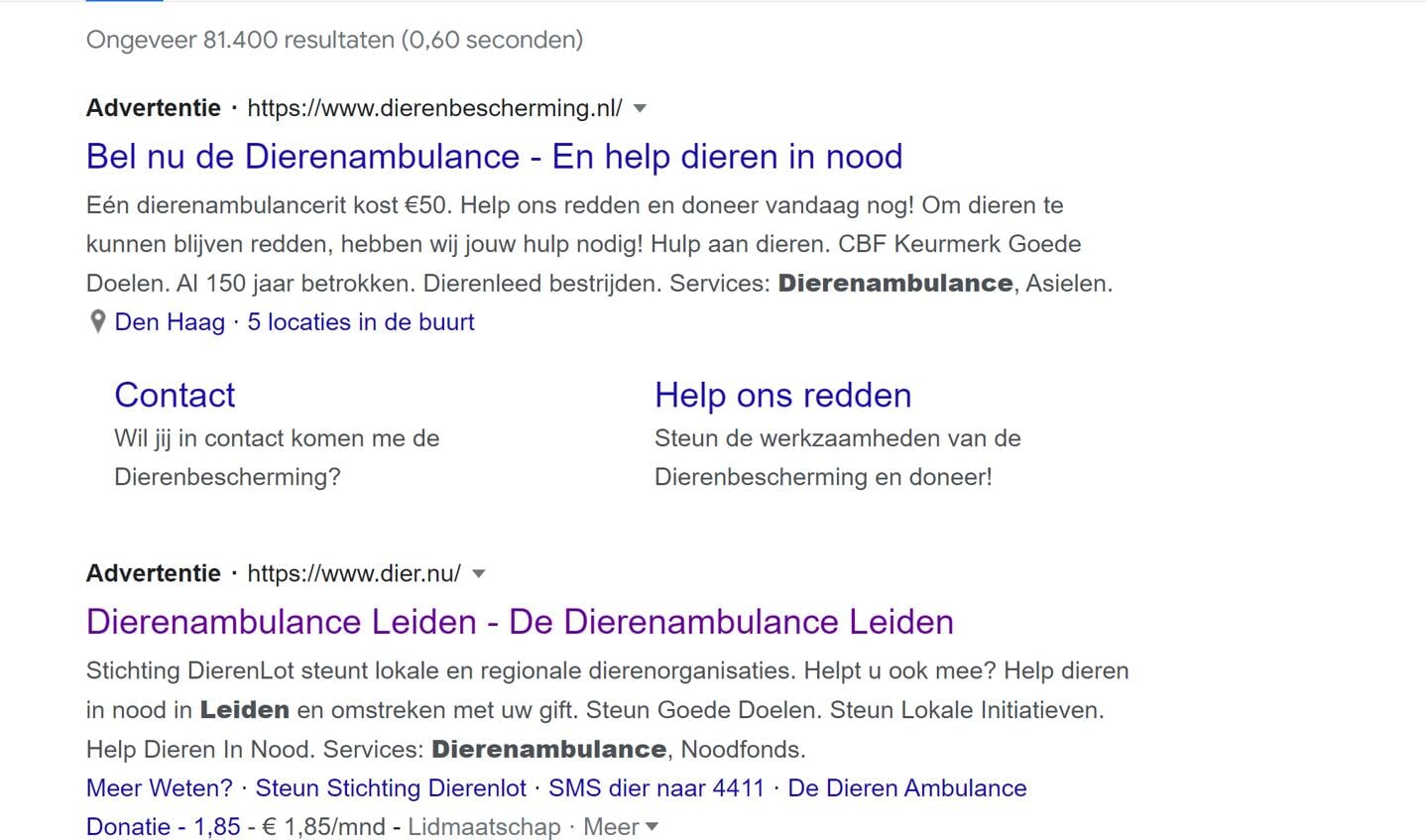 De gewraakte advertentie van Dierenlot op Google.