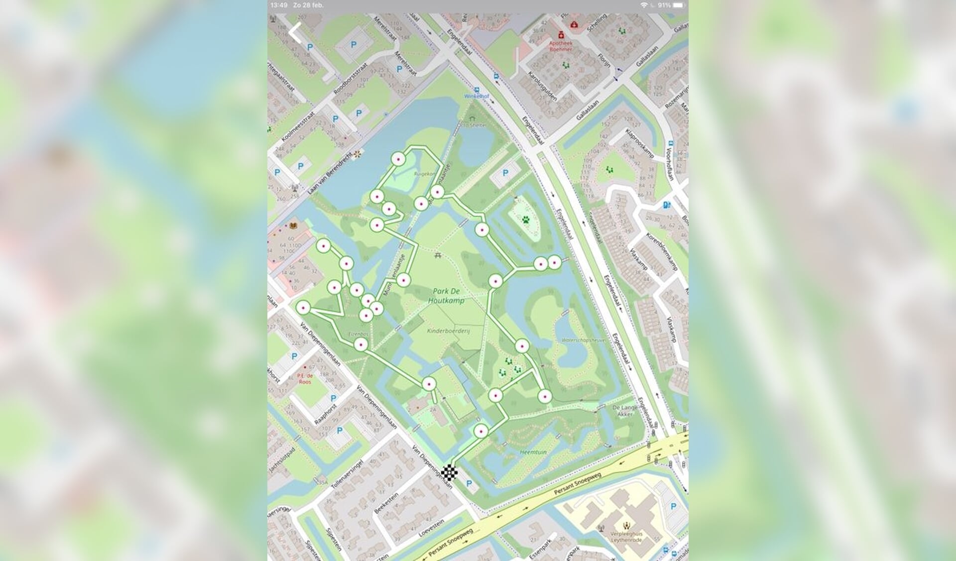 Screenshot van de IVN Routes App van een eerdere wandeling in de Houtkamp.