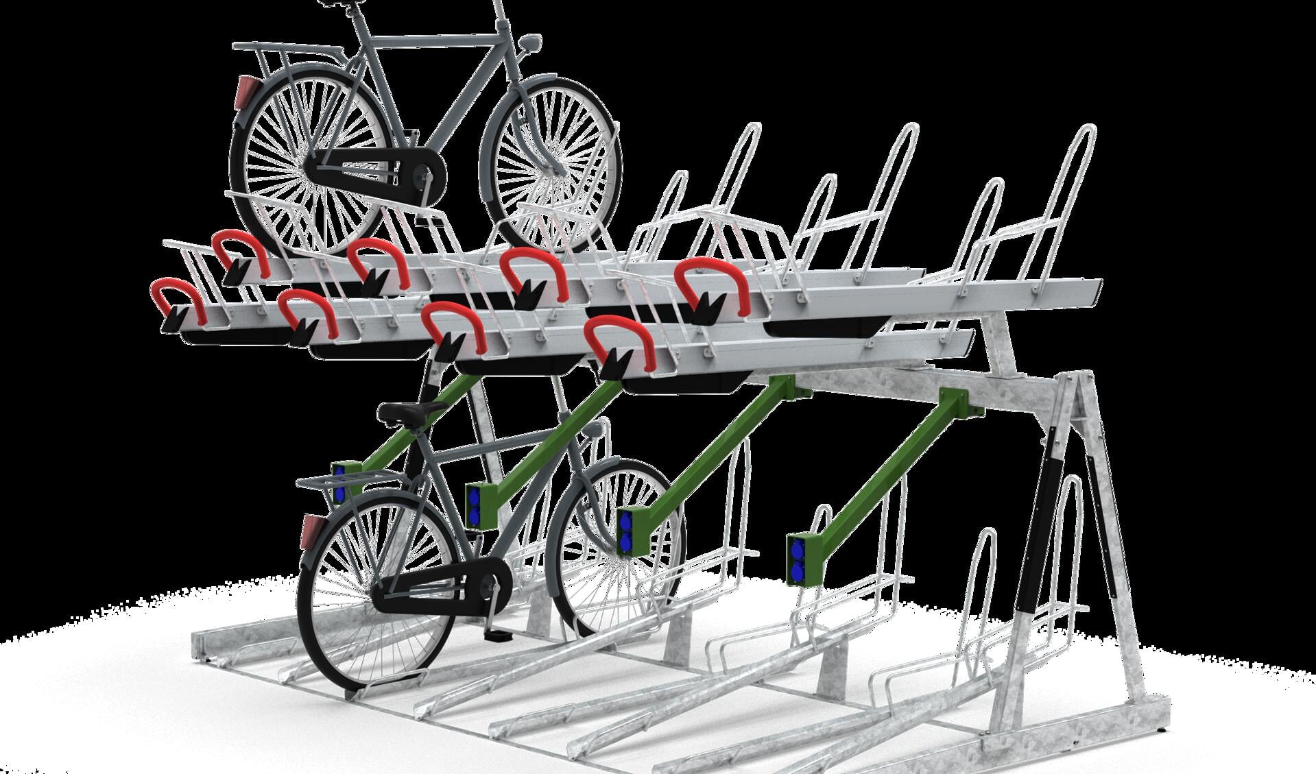 Een artist impression van het nieuwe fietsenrek met gelegenheid voor opladen en ruimte voor bijvoorbeeld een krat of kinderzitje. 