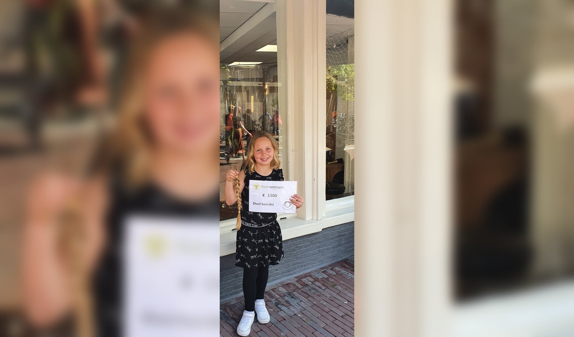 Jaylinn doneerde haar haren plus een cheque van 1500 euro aan Stichting Haarwensen.  