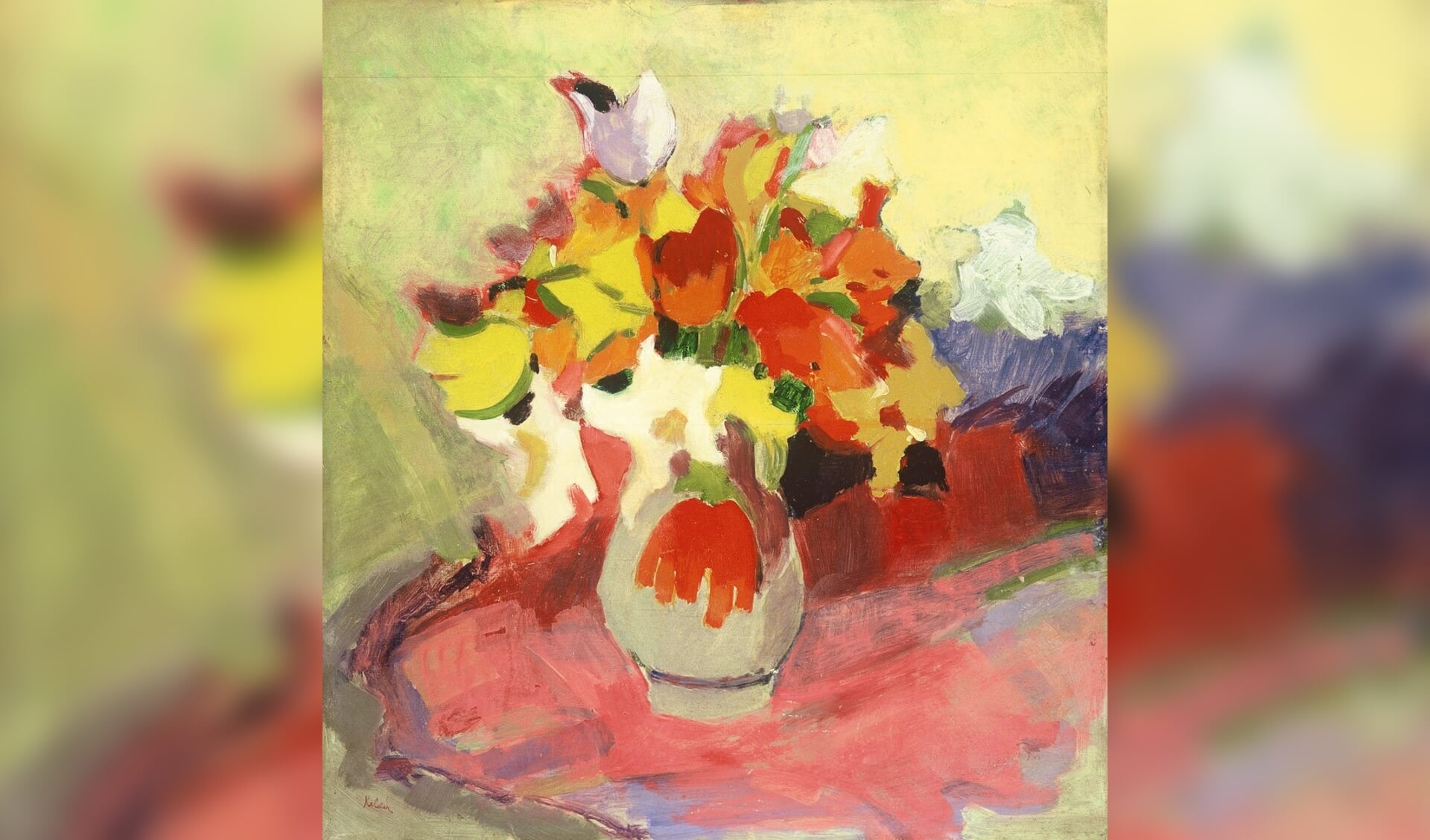 Een van de werken in De Zwarte Tulp bij de expositie Kleurenpracht: Toon Kelder (1894-1973) Kleurige bloemen in een vaas van Keuls steengoed, in bruikleen van Stichting De Witte Zwaan.
