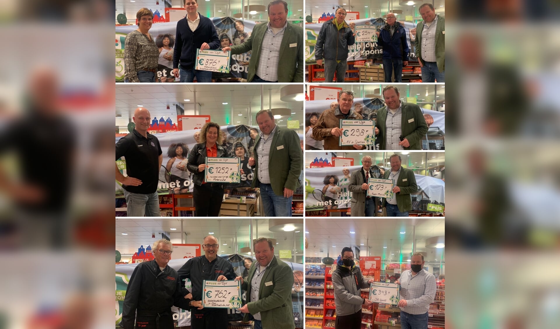 Suoermarkteigenaar Joop van Dijk reikt een deel van de cheques uit aan de vertegenwoordigers van de clubs. | Foto: pr.