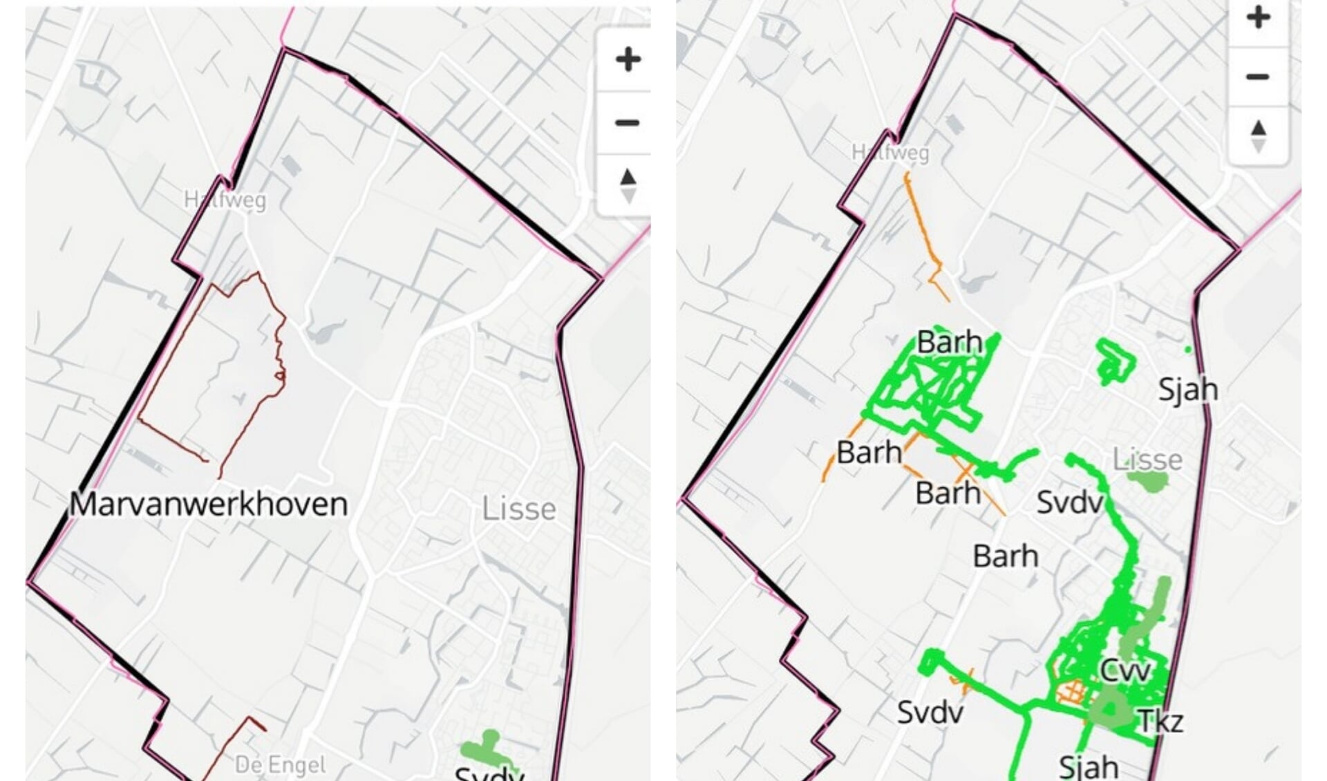 Met de app Helemaal Groen kun je zien hoe groen jouw buurt is: links begin januari, rechts eind februari.