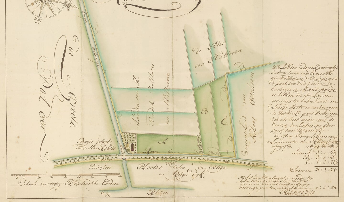Kaart van een hofstede en landerijen aan de Hoge Rijndijk in de oksel van de Oude Rijn en de Meerburgerwetering. |  Maker K. Vis, 1764