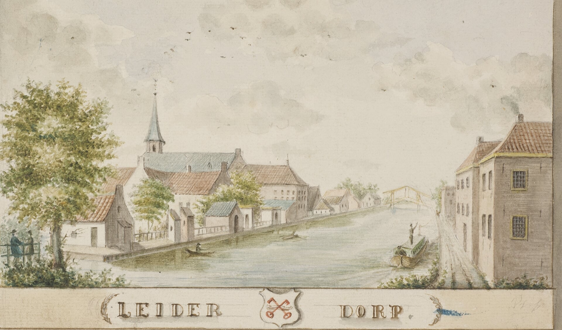 Tekening van Wilhelmus Cornelis Chimaer van Oudendorp uit begin 1800. Rechtsonderaan is een trekschuit te zien die via het jaagpad voortgetrokken wordt.. 