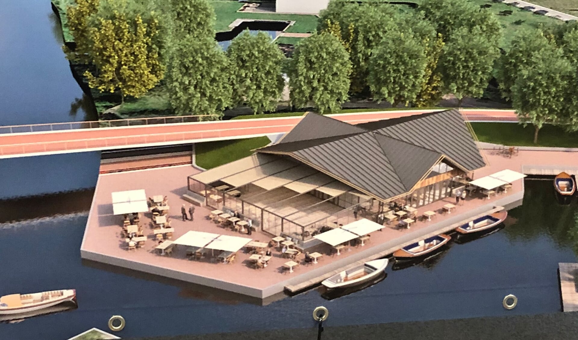 Het nieuwe ontwerp van het horecapaviljoen met overdekte terrassen. | Ontwerp Gosto Real Estate