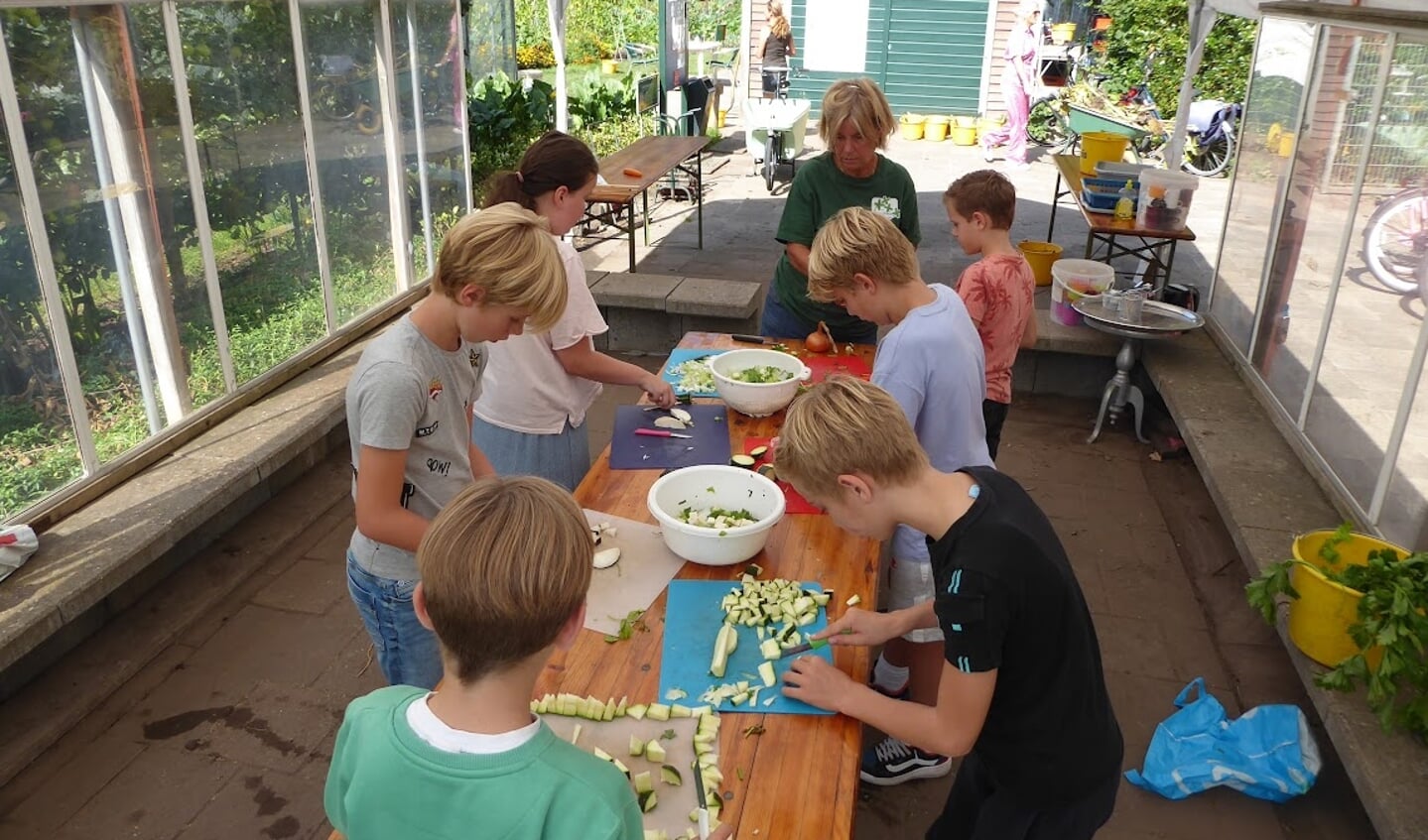 Groenten uit eigen schooltuin snijden voor een heerlijke groentensoep.