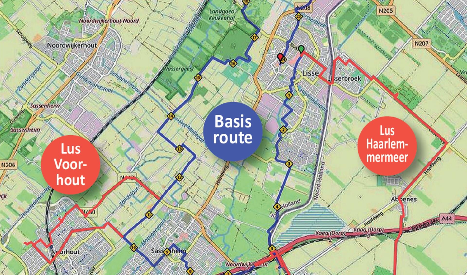 Kaartje waarop je de verschillende routes ziet van Fiets zoekt Boer.