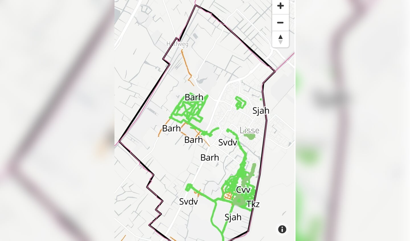 Een screenshot van de HelemaalGroen-app, gebruikt in Lisse. De groene lijnen betekenen dat daar onlangs zwerfvuil is geraapt.